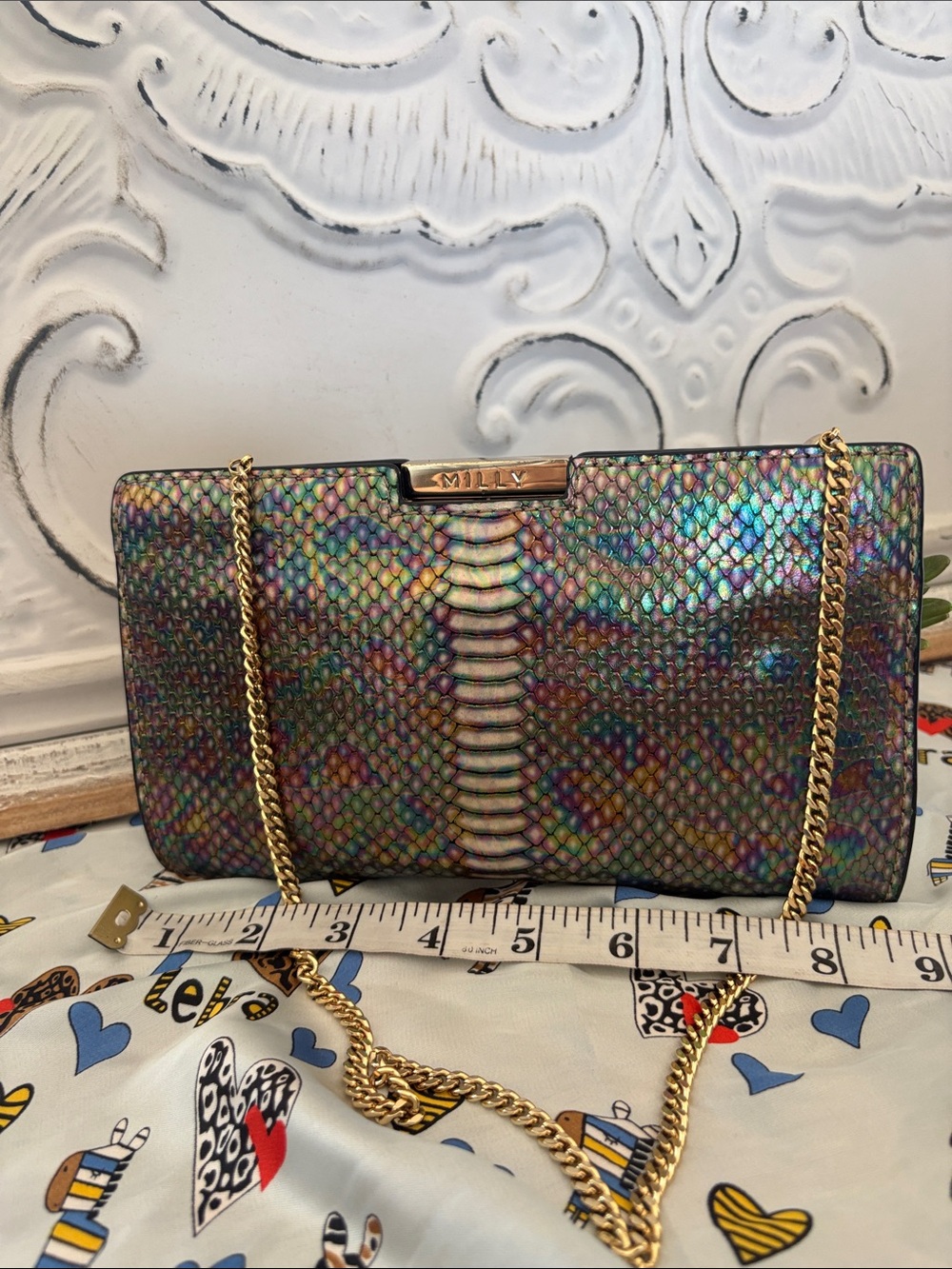 Milly Iridescent Multicolor Snakeskin-Effect Chain Shoulder Clutch